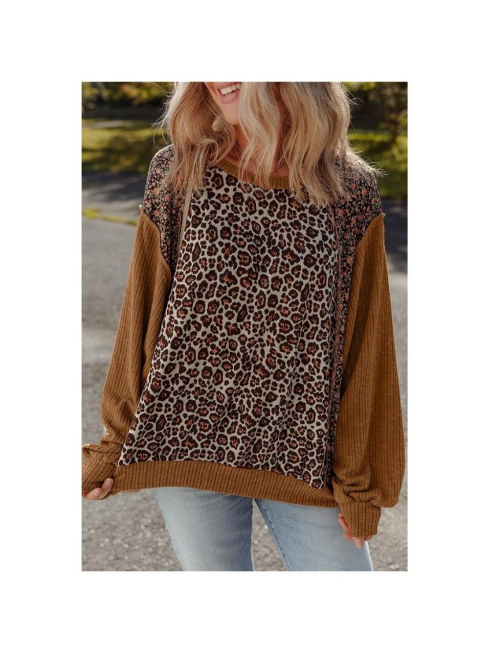 Leopard Floral Print Ribbed Puff Sleeve Patchwork Loose Sweatshirt